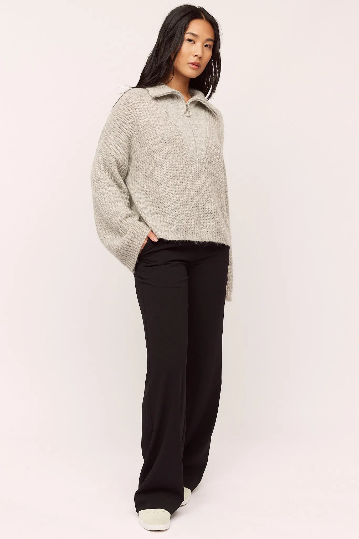Florie Zip Knit - Lt Grey Melange