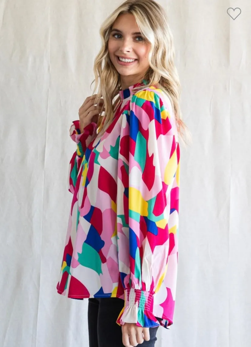 Fuchsia Mix Abstract Print Long Poet Sleeve Top