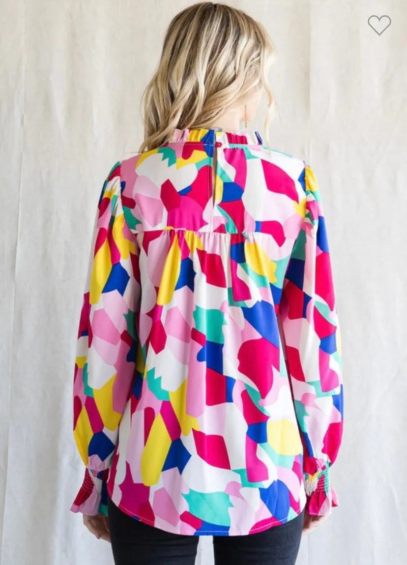 Fuchsia Mix Abstract Print Long Poet Sleeve Top