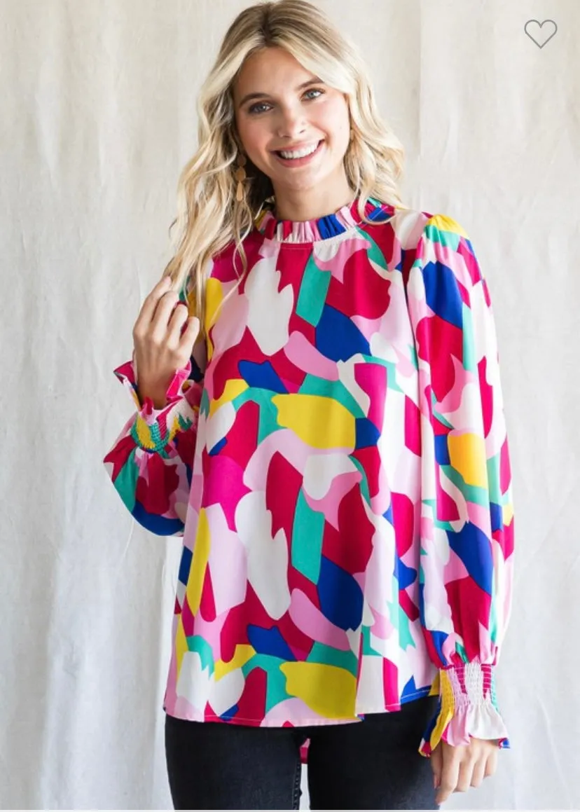 Fuchsia Mix Abstract Print Long Poet Sleeve Top