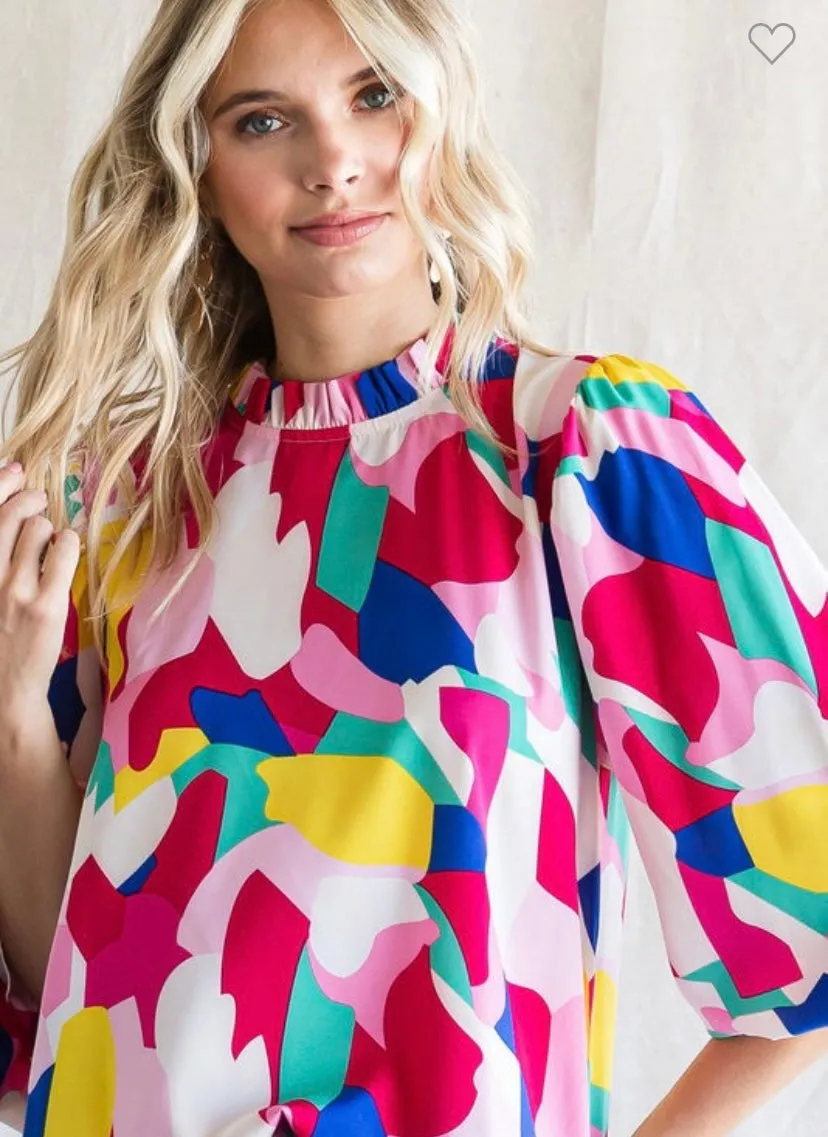 Fuchsia Mix Abstract Print Long Poet Sleeve Top