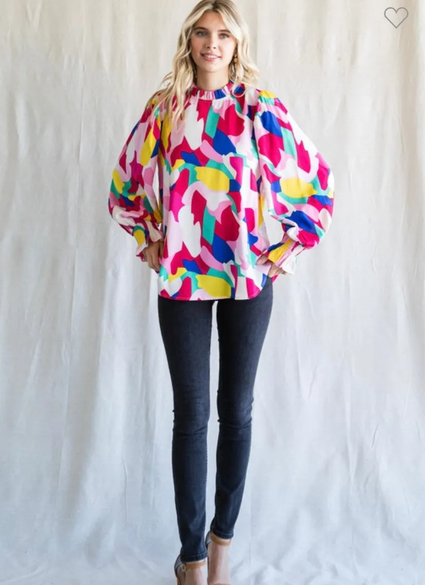 Fuchsia Mix Abstract Print Long Poet Sleeve Top