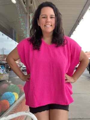 Fuchsia Ribbed Short Sleeved V-Neck Top
