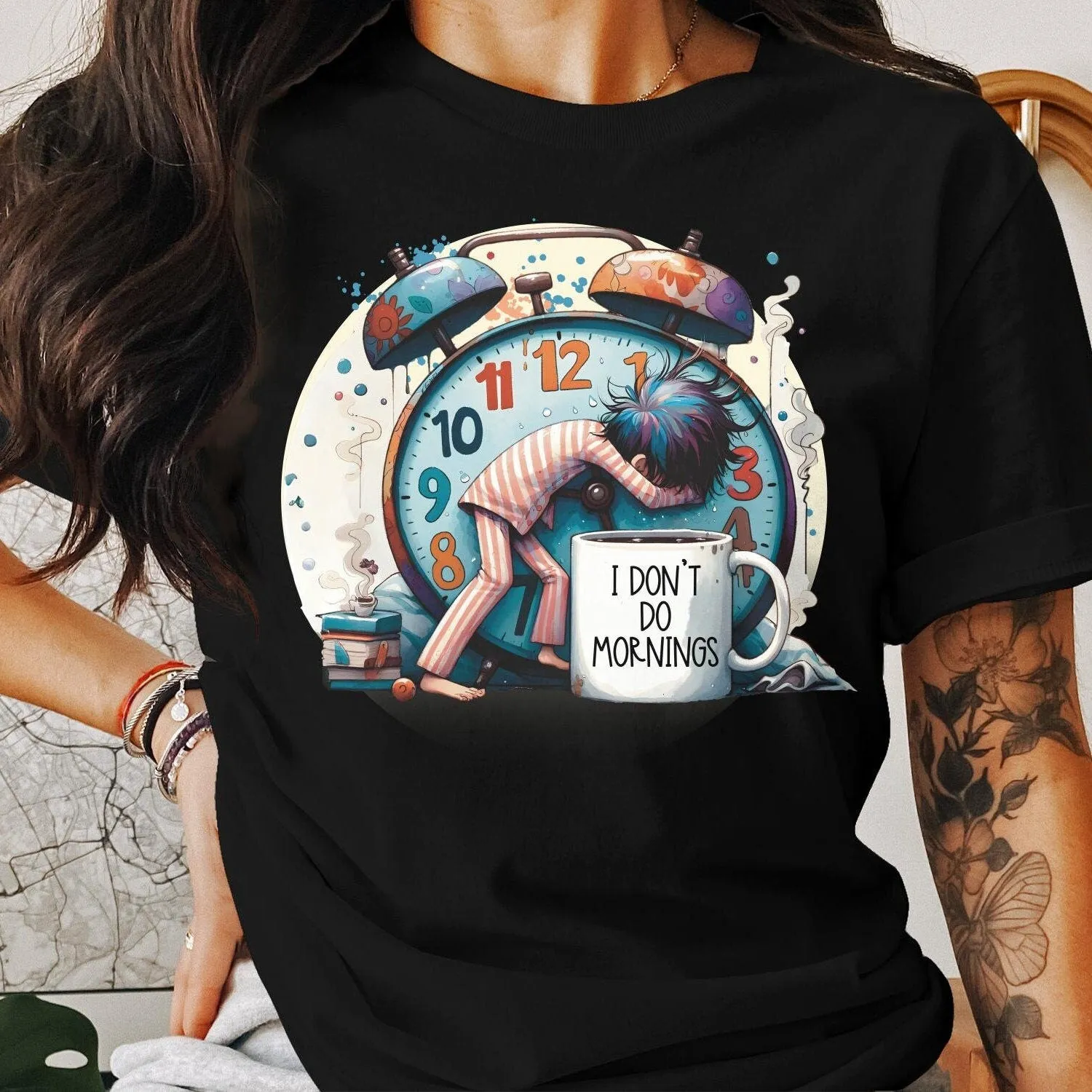 Funny Alarm Clock Sweatshirt, I Don't Do Mornings, Sleepyhead Graphic Tee, Unique Illustration, Comfy Casual Wear, Unisex Gift Idea