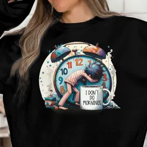 Funny Alarm Clock Sweatshirt, I Don't Do Mornings, Sleepyhead Graphic Tee, Unique Illustration, Comfy Casual Wear, Unisex Gift Idea