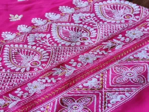 Fuschia Pink Traditional Lakhnawi Thread & Zari Embroidery Georgette Fabric (Wholesale)