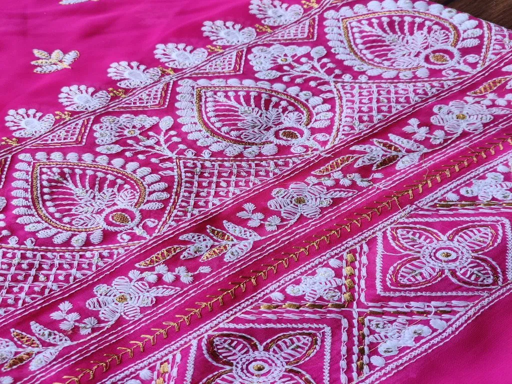 Fuschia Pink Traditional Lakhnawi Thread & Zari Embroidery Georgette Fabric (Wholesale)