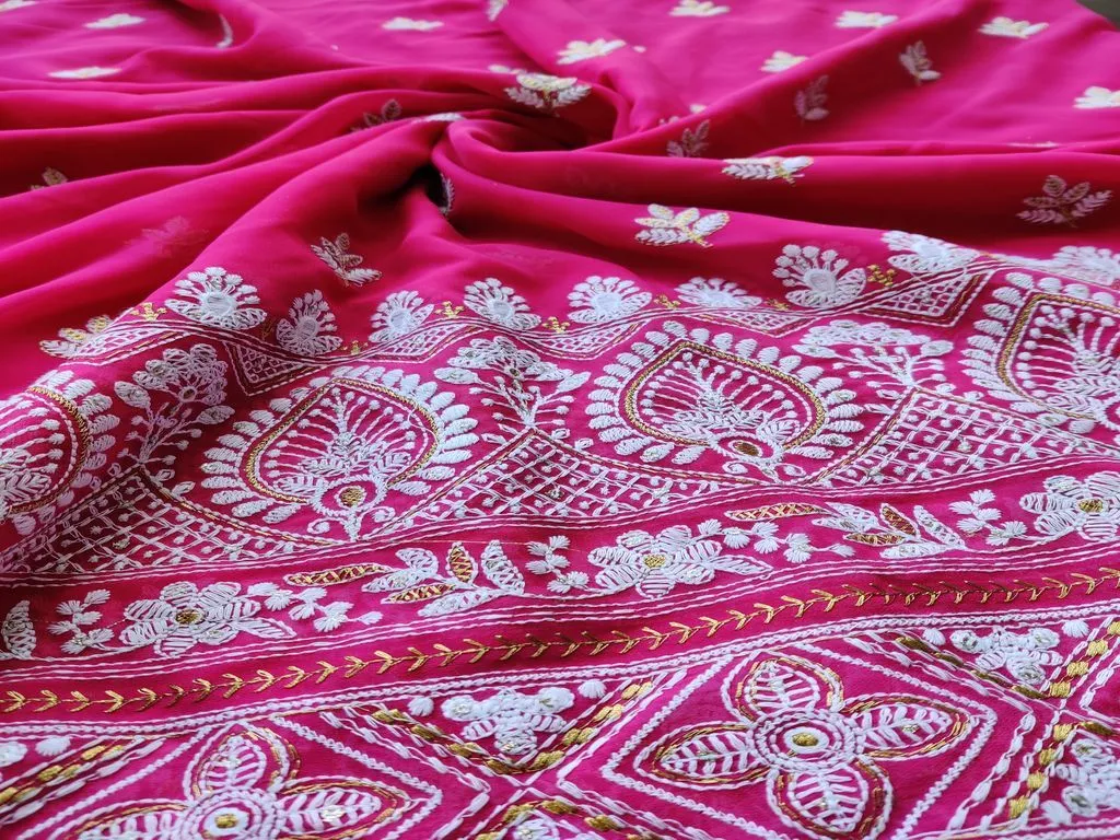Fuschia Pink Traditional Lakhnawi Thread & Zari Embroidery Georgette Fabric (Wholesale)