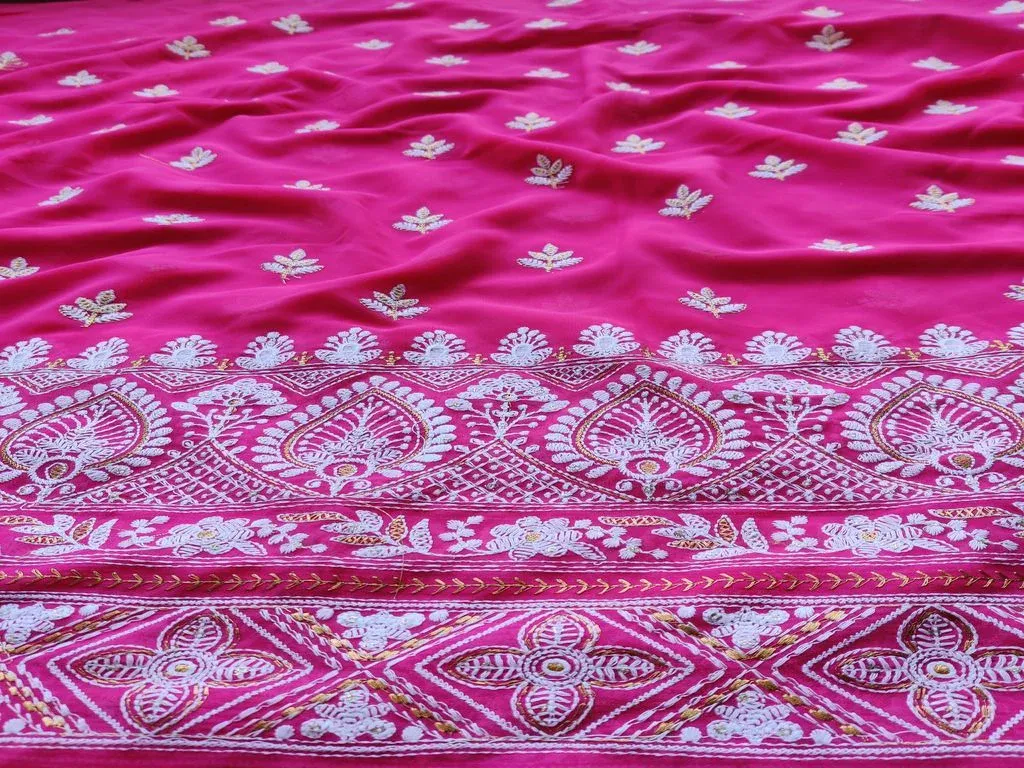 Fuschia Pink Traditional Lakhnawi Thread & Zari Embroidery Georgette Fabric (Wholesale)