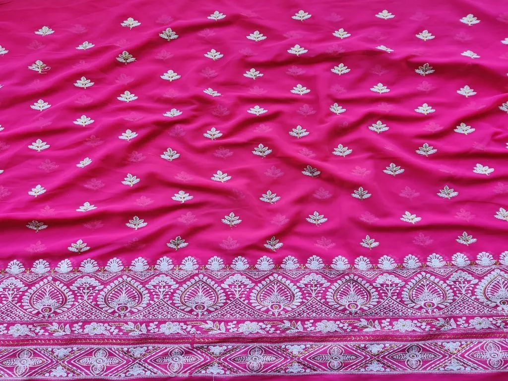 Fuschia Pink Traditional Lakhnawi Thread & Zari Embroidery Georgette Fabric (Wholesale)