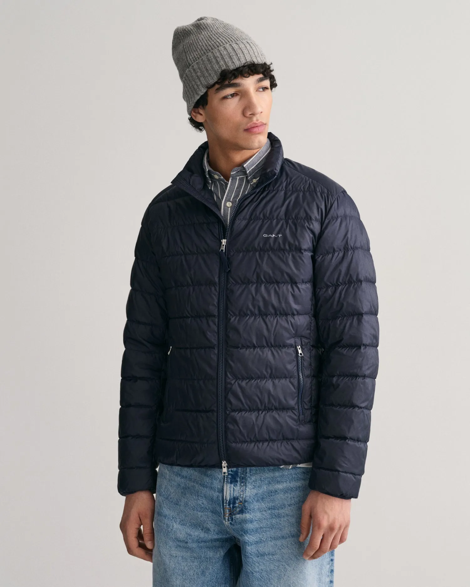 Gant Men Blue Solid Full Sleeves Stand Collar Jacket