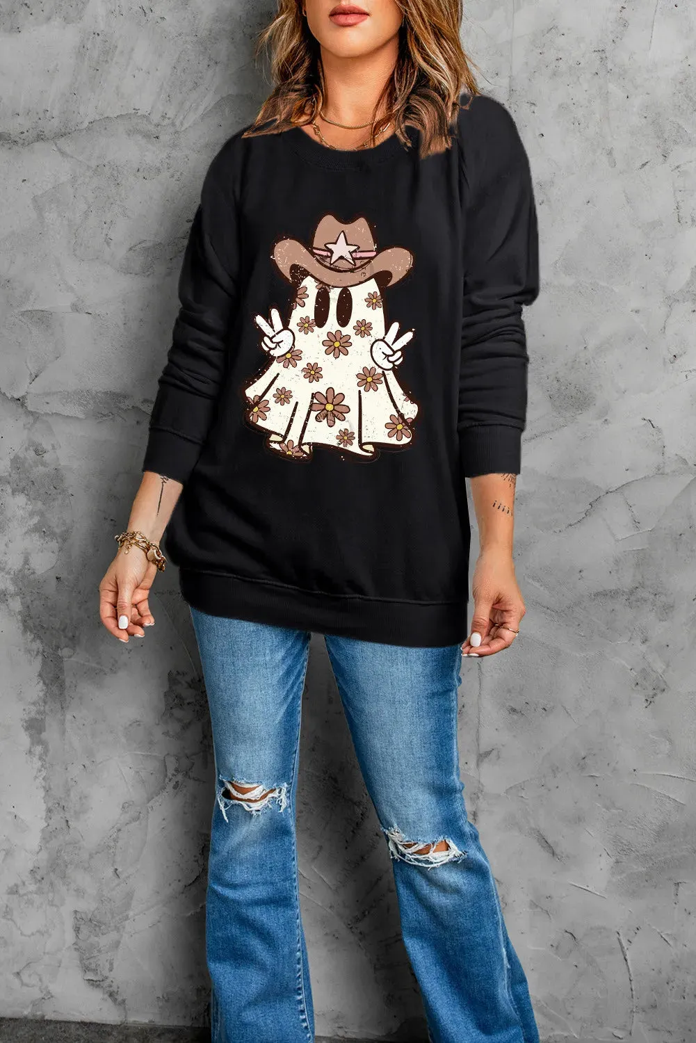 Ghost Round Neck Long Sleeve Sweatshirt | Halloween Shirt | Halloween Sweatshirt