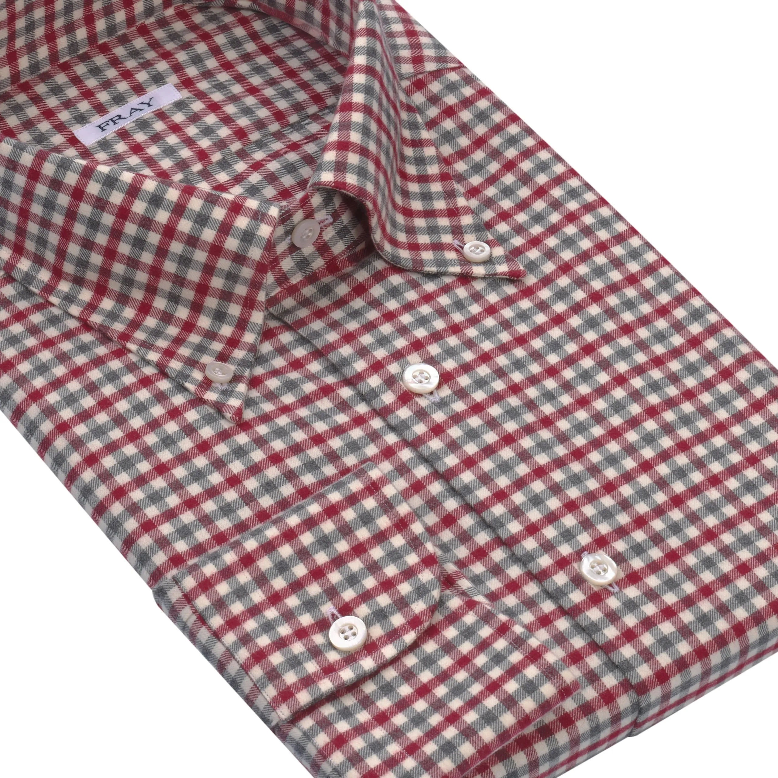 Gingham-Check Cotton Shirt in Grey and Cherry Red