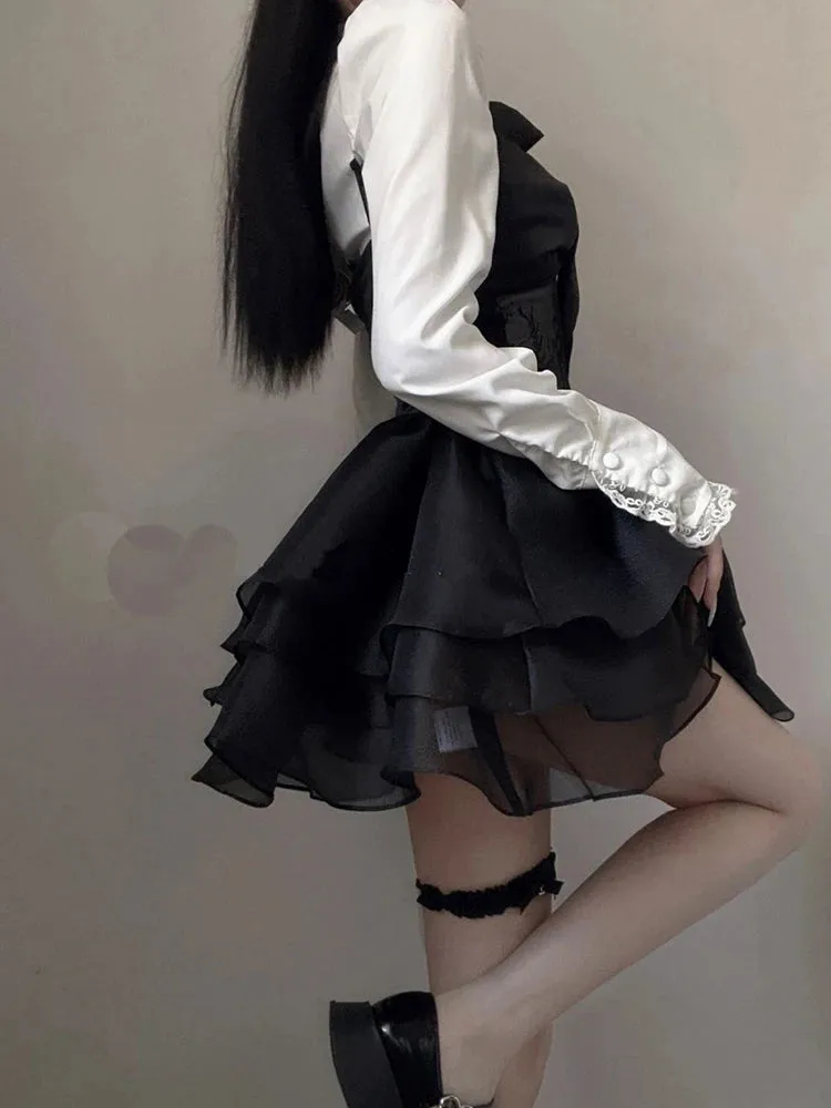 Girlary Lace Kawaii Lolita Mini Dress Set Punk Harajuku Aesthetic Black Dresse Goth Kpop Clothes Korean Fashion Dress Fall Outfits Women
