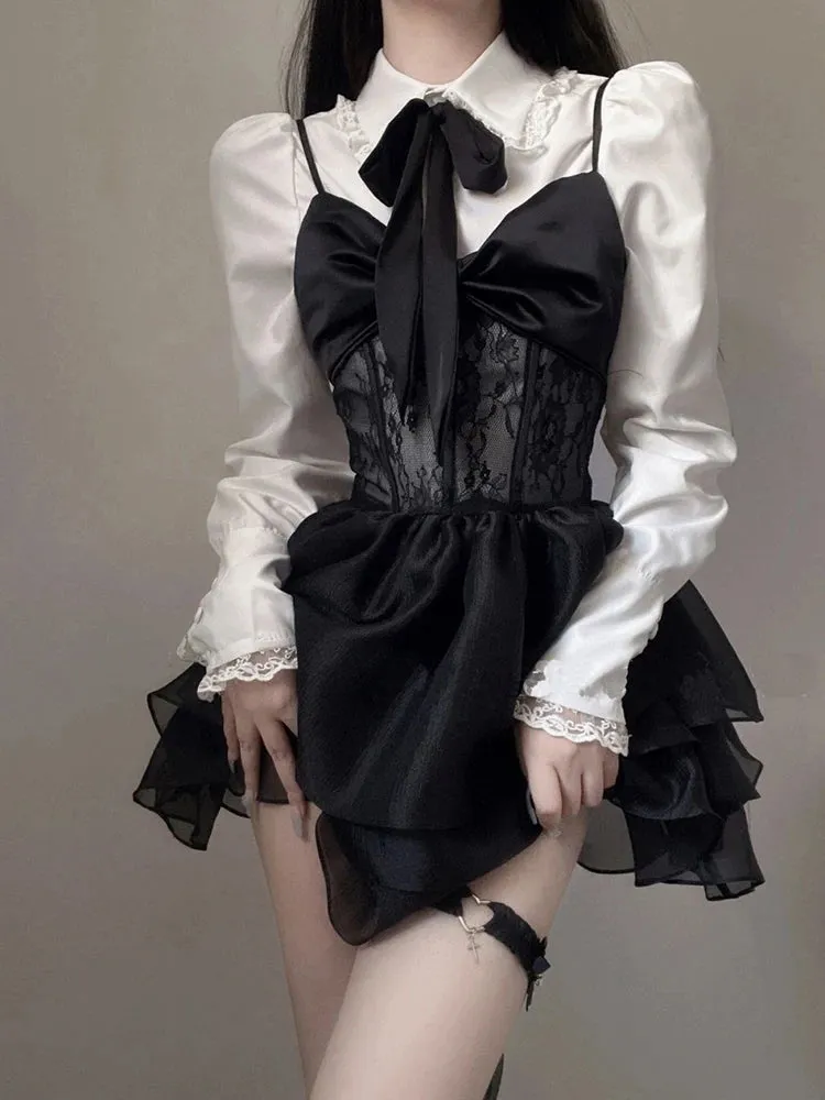 Girlary Lace Kawaii Lolita Mini Dress Set Punk Harajuku Aesthetic Black Dresse Goth Kpop Clothes Korean Fashion Dress Fall Outfits Women