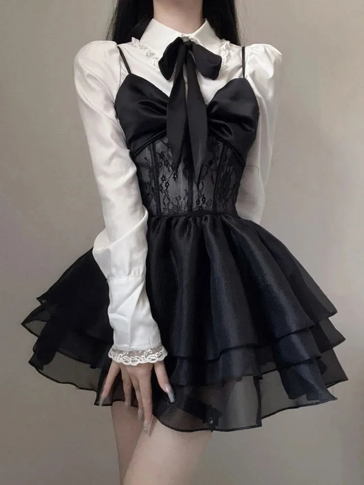 Girlary Lace Kawaii Lolita Mini Dress Set Punk Harajuku Aesthetic Black Dresse Goth Kpop Clothes Korean Fashion Dress Fall Outfits Women