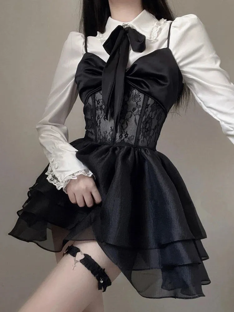 Girlary Lace Kawaii Lolita Mini Dress Set Punk Harajuku Aesthetic Black Dresse Goth Kpop Clothes Korean Fashion Dress Fall Outfits Women