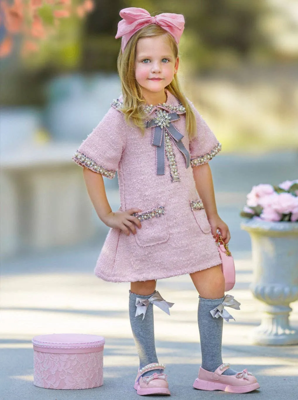 Girls Pink and Pearl Bow Tweed Dress