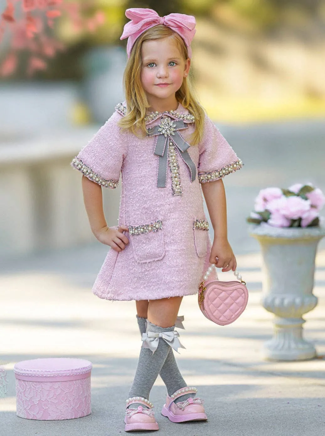 Girls Pink and Pearl Bow Tweed Dress