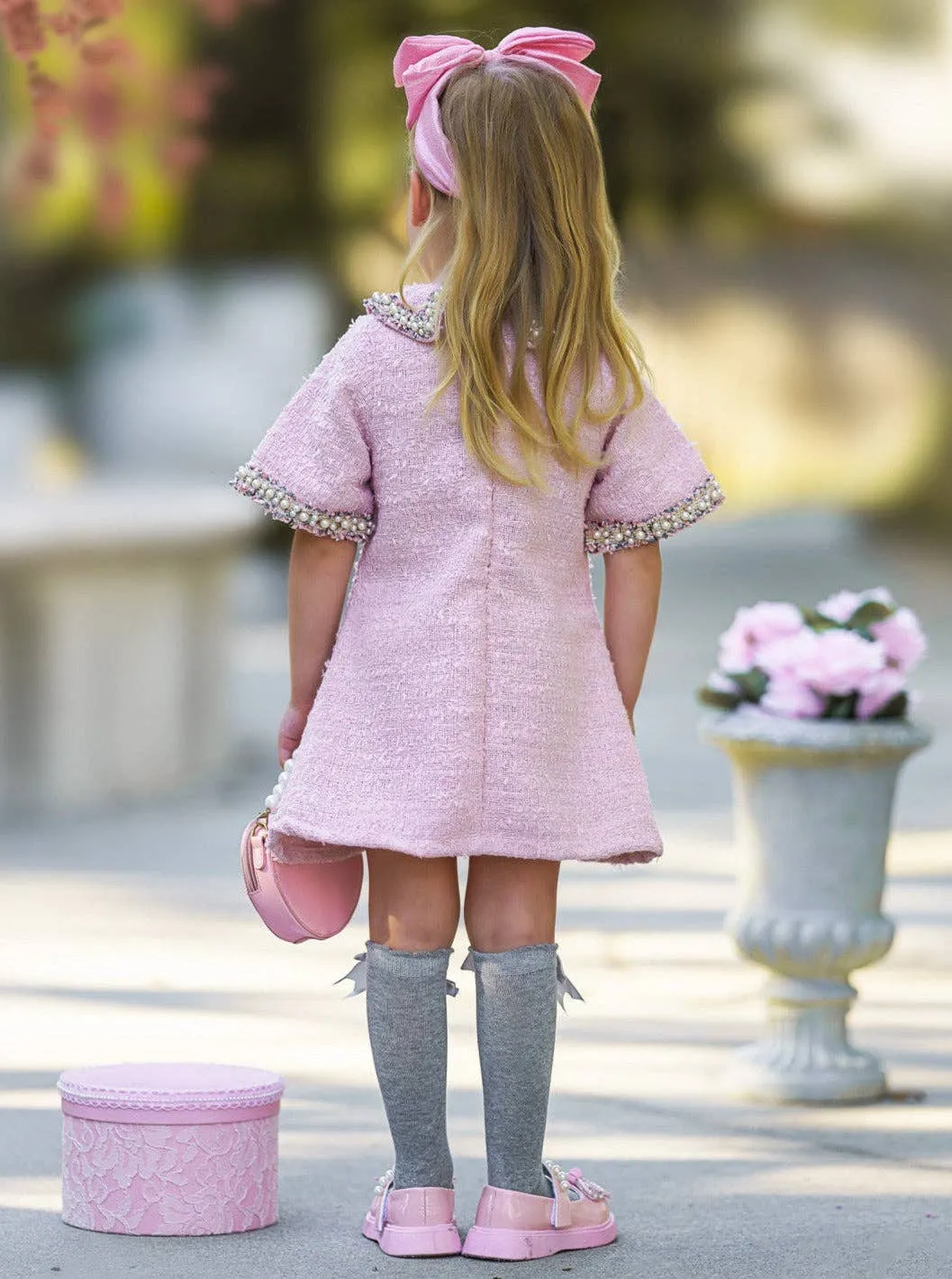 Girls Pink and Pearl Bow Tweed Dress