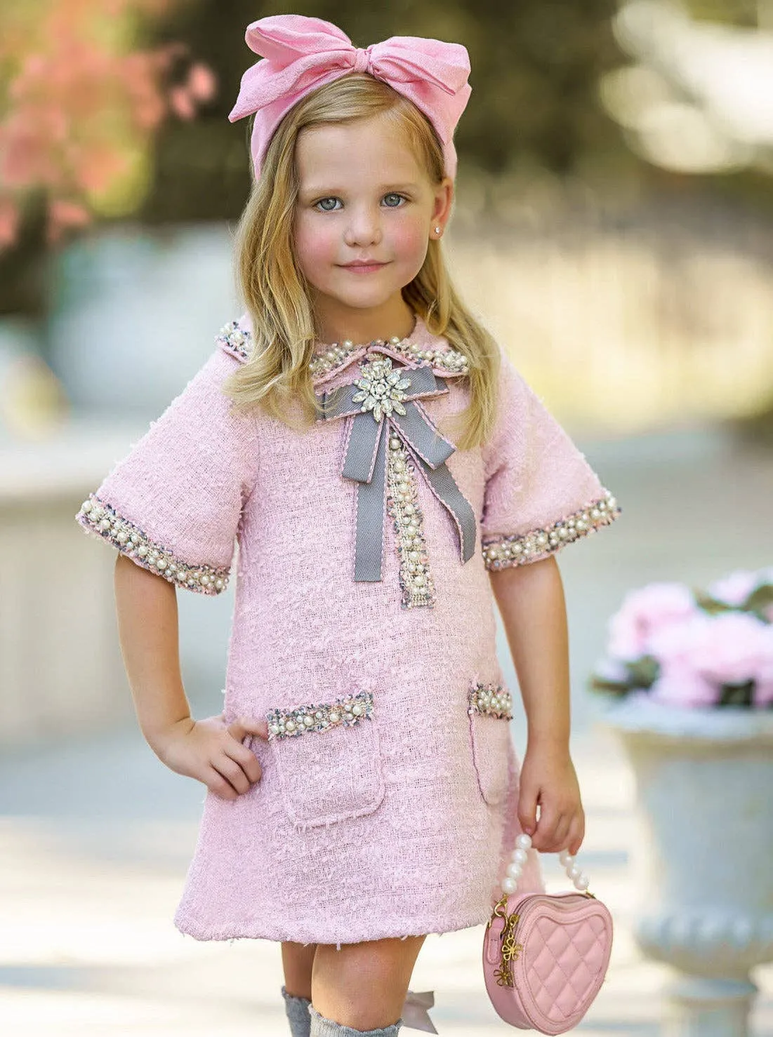 Girls Pink and Pearl Bow Tweed Dress