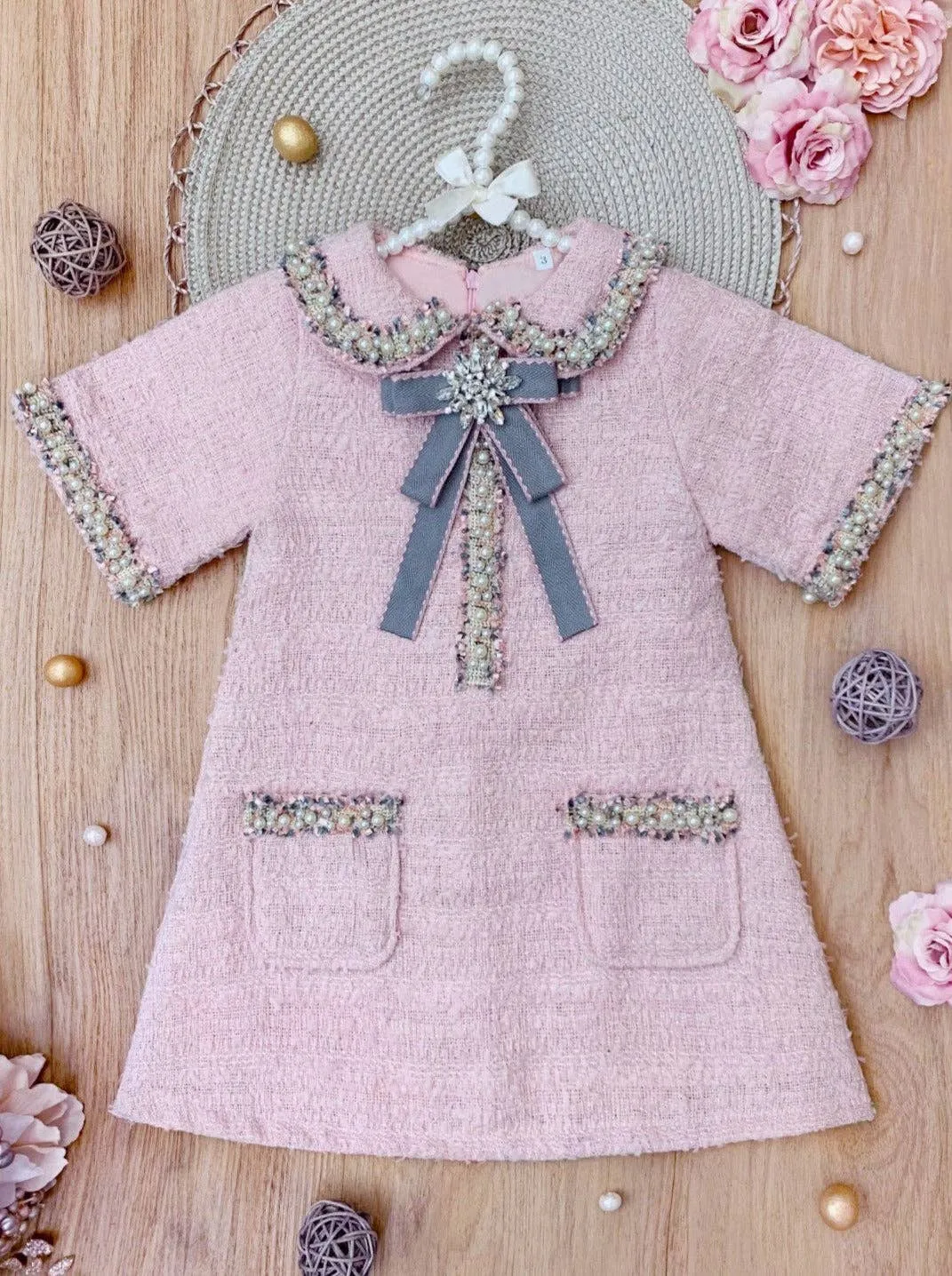 Girls Pink and Pearl Bow Tweed Dress