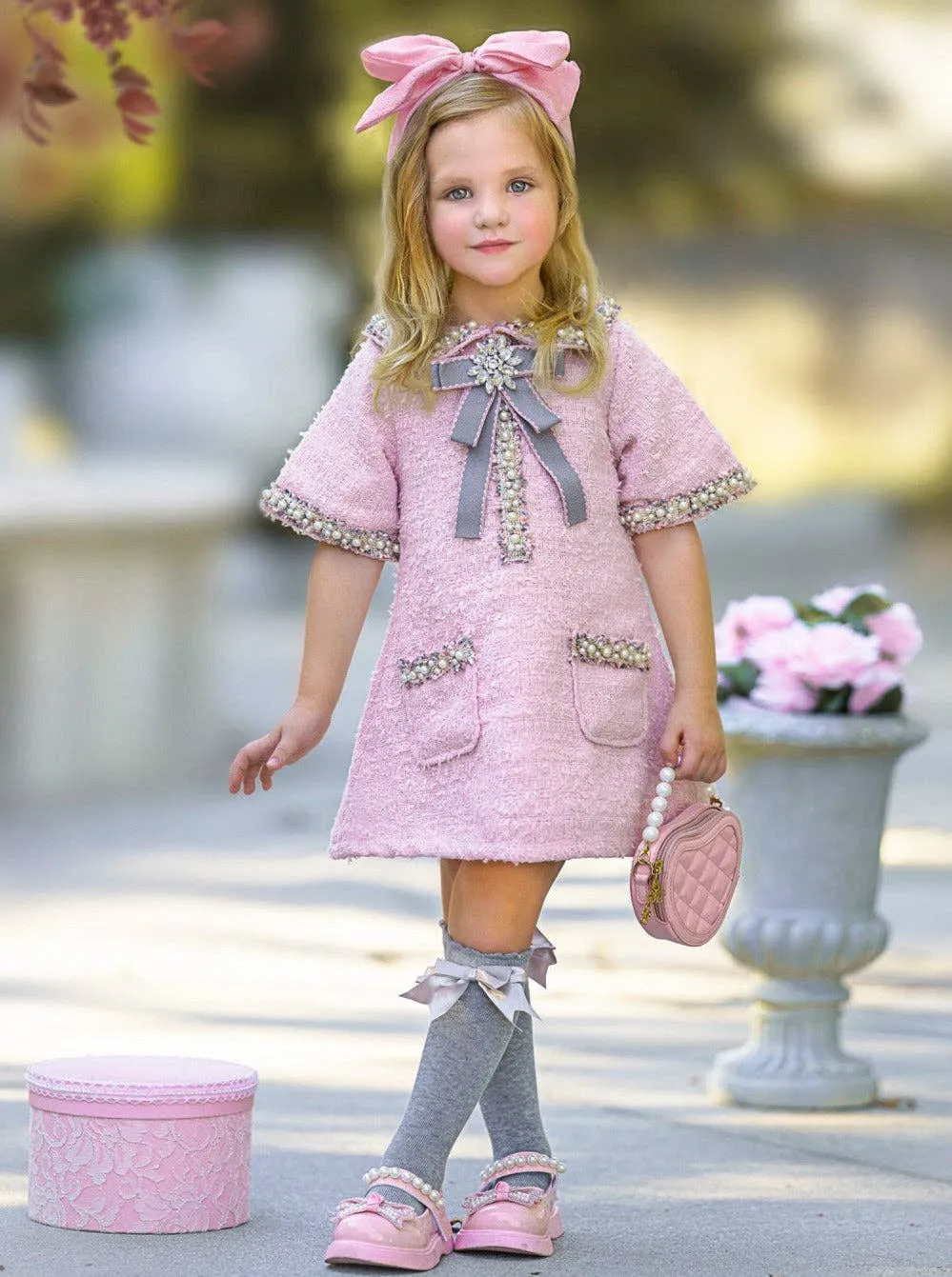 Girls Pink and Pearl Bow Tweed Dress