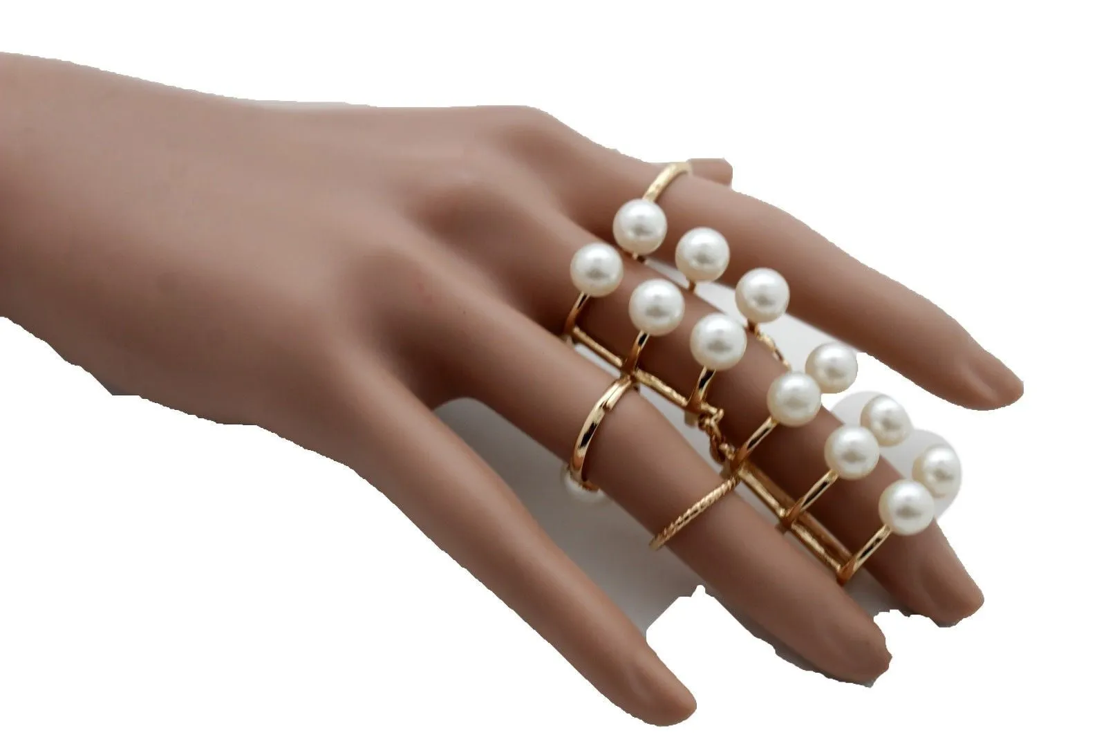 Gold Ivory Metal 5 Rings Set Band Imitation Pearl Beads Ring Women Stylish Jewelry