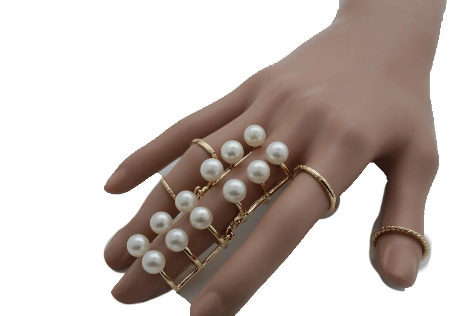 Gold Ivory Metal 5 Rings Set Band Imitation Pearl Beads Ring Women Stylish Jewelry