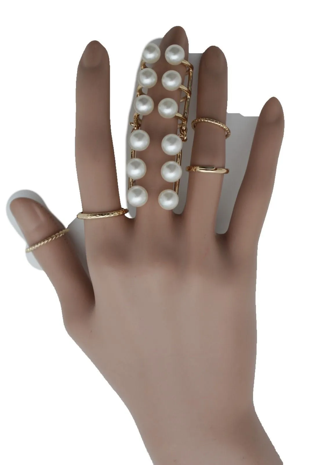 Gold Ivory Metal 5 Rings Set Band Imitation Pearl Beads Ring Women Stylish Jewelry