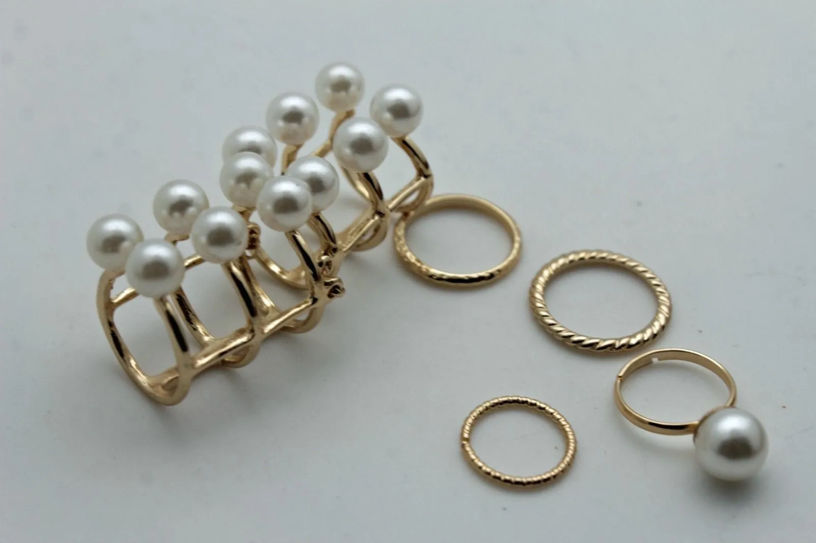 Gold Ivory Metal 5 Rings Set Band Imitation Pearl Beads Ring Women Stylish Jewelry