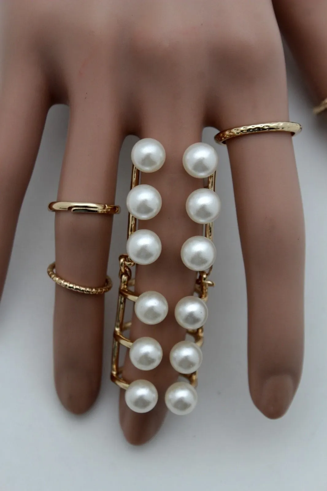 Gold Ivory Metal 5 Rings Set Band Imitation Pearl Beads Ring Women Stylish Jewelry
