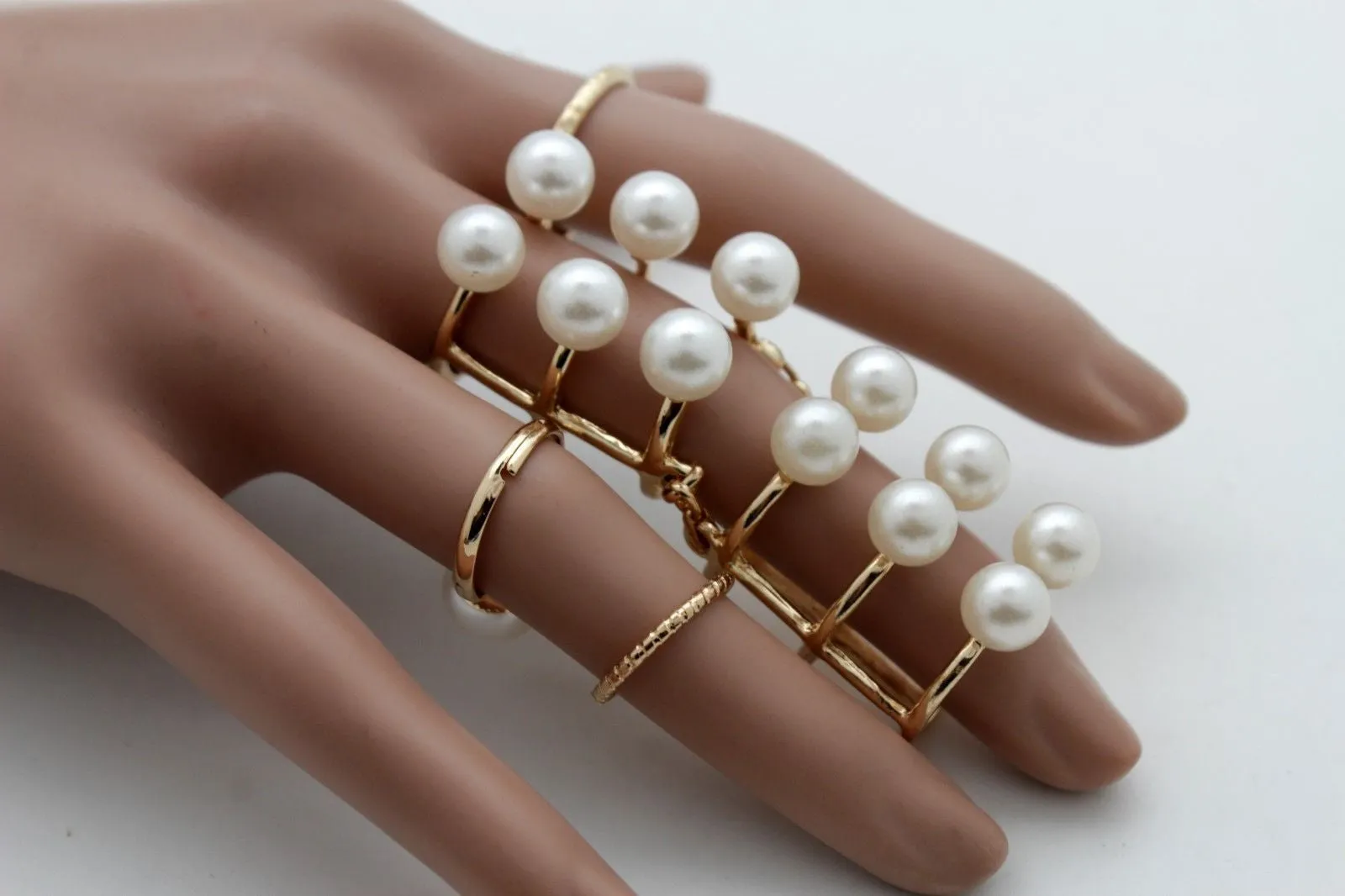 Gold Ivory Metal 5 Rings Set Band Imitation Pearl Beads Ring Women Stylish Jewelry