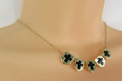 Gold Metal Chain Five Mini Black Crosses Long Pendant Necklace