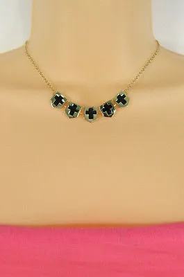 Gold Metal Chain Five Mini Black Crosses Long Pendant Necklace