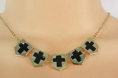 Gold Metal Chain Five Mini Black Crosses Long Pendant Necklace