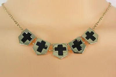 Gold Metal Chain Five Mini Black Crosses Long Pendant Necklace