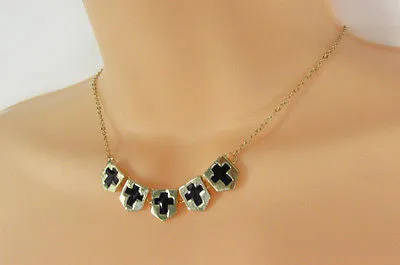 Gold Metal Chain Five Mini Black Crosses Long Pendant Necklace