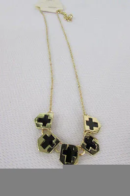 Gold Metal Chain Five Mini Black Crosses Long Pendant Necklace