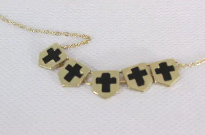 Gold Metal Chain Five Mini Black Crosses Long Pendant Necklace