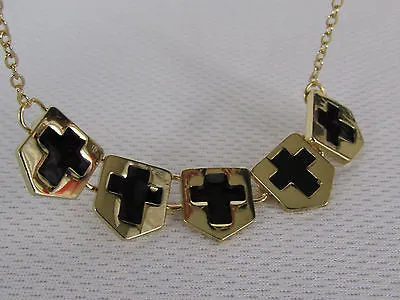Gold Metal Chain Five Mini Black Crosses Long Pendant Necklace