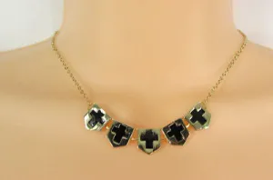 Gold Metal Chain Five Mini Black Crosses Long Pendant Necklace