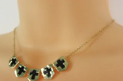 Gold Metal Chain Five Mini Black Crosses Long Pendant Necklace