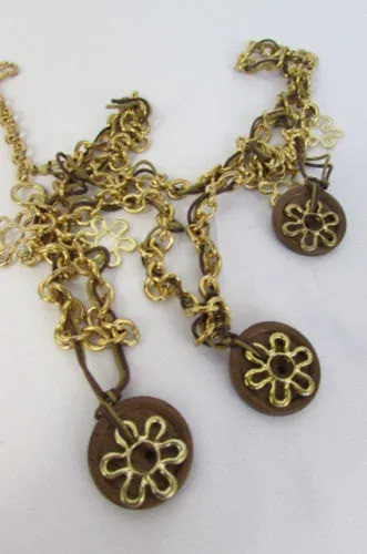 Gold Metal Chains Flowers Round Brown Wood Charms Necklace