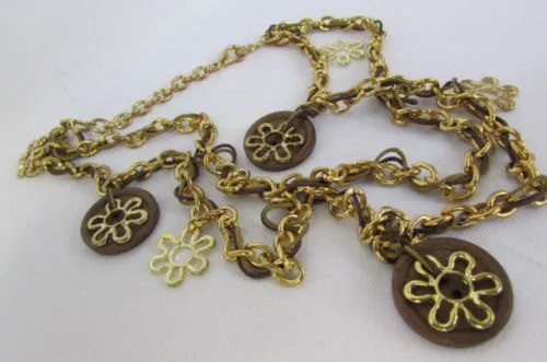 Gold Metal Chains Flowers Round Brown Wood Charms Necklace