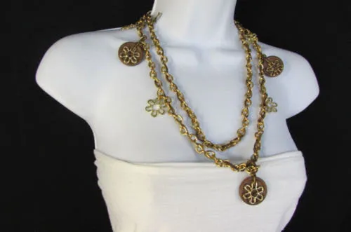 Gold Metal Chains Flowers Round Brown Wood Charms Necklace