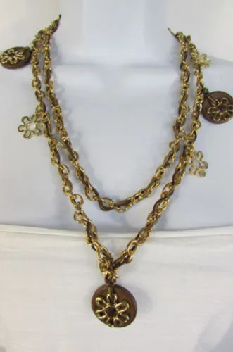 Gold Metal Chains Flowers Round Brown Wood Charms Necklace