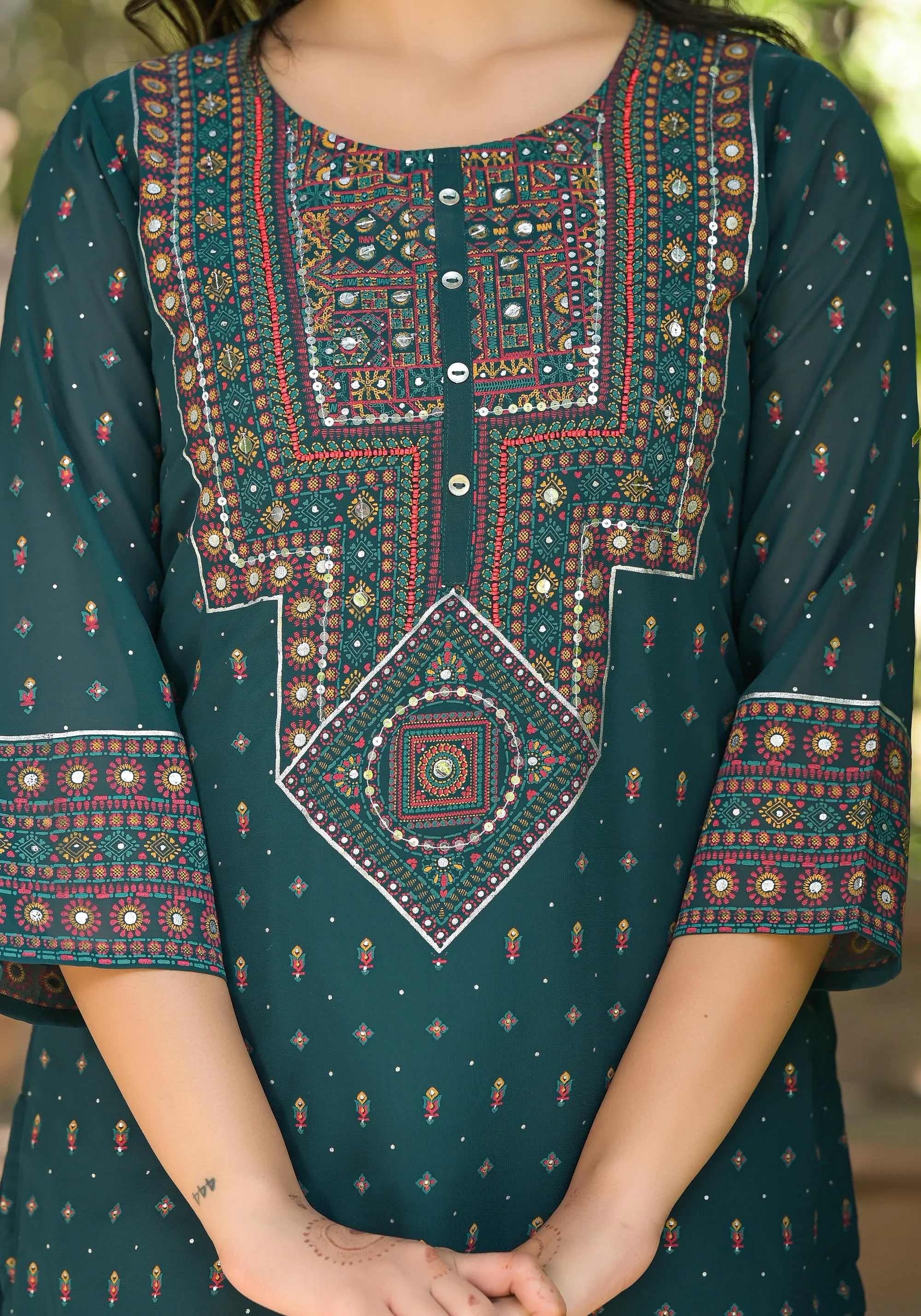 Green Ethnic Motif Printed Tunic With Sequins & Mirror Work