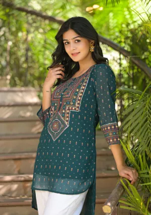 Green Ethnic Motif Printed Tunic With Sequins & Mirror Work