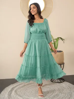 Green Polyester Lycra Peplum Style Maxi Dress